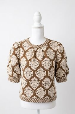 NEW VOY printed to perfection knit top in brown and cream print